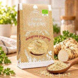Chrzan mielony ekologiczny Dary Natury 40 g – opakowanie, mielony chrzan i świeży korzeń