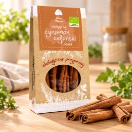 Cynamon cejloński ekologiczny Dary Natury 30 g – opakowanie i laski cynamonu