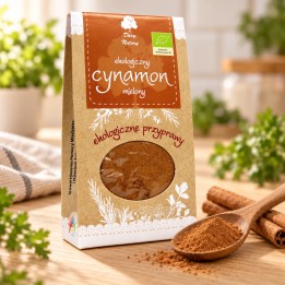 Cynamon cejloński mielony ekologiczny Dary Natury 50 g – opakowanie, mielony cynamon i laski cynamonu