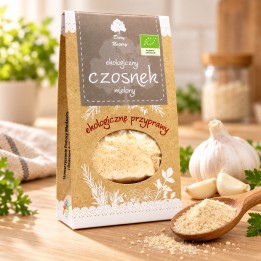 Czosnek mielony ekologiczny Dary Natury 50 g – opakowanie, mielony czosnek i świeże ząbki