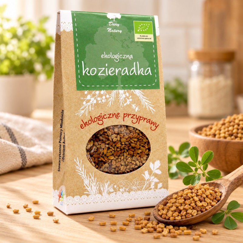Kozieradka EKO 60g Dary Natury - opakowanie i przyprawa na drewnianym blacie