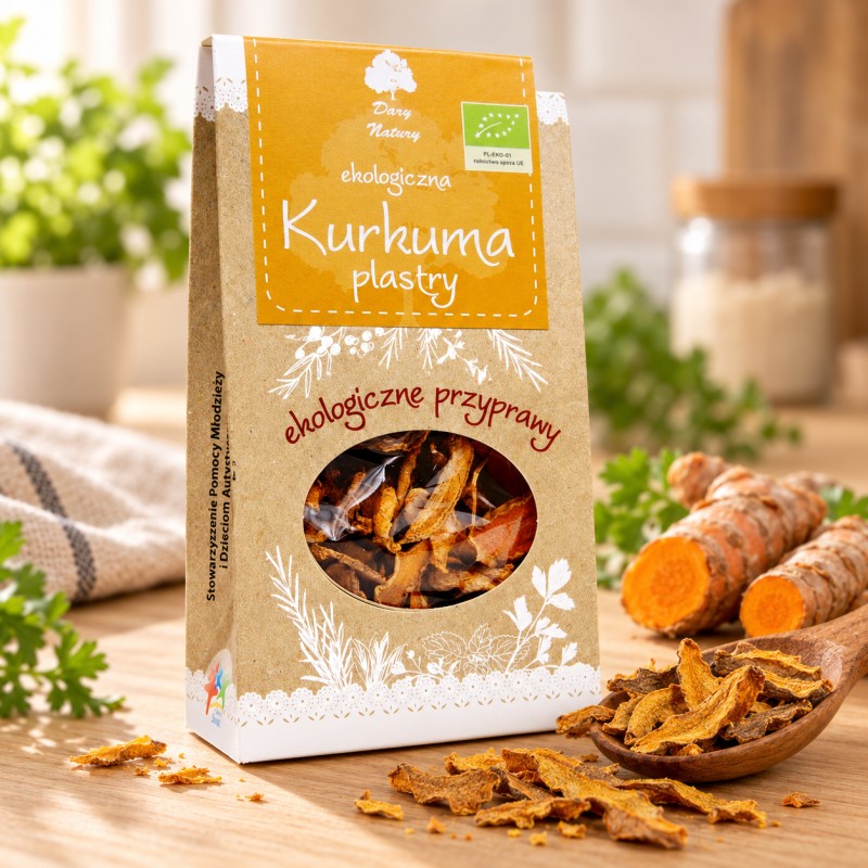 Kurkuma plastry EKO 30g Dary Natury - opakowanie i przyprawa na drewnianym blacie