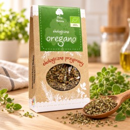 Oregano EKO 20g Dary Natury – opakowanie i przyprawa na drewnianym blacie