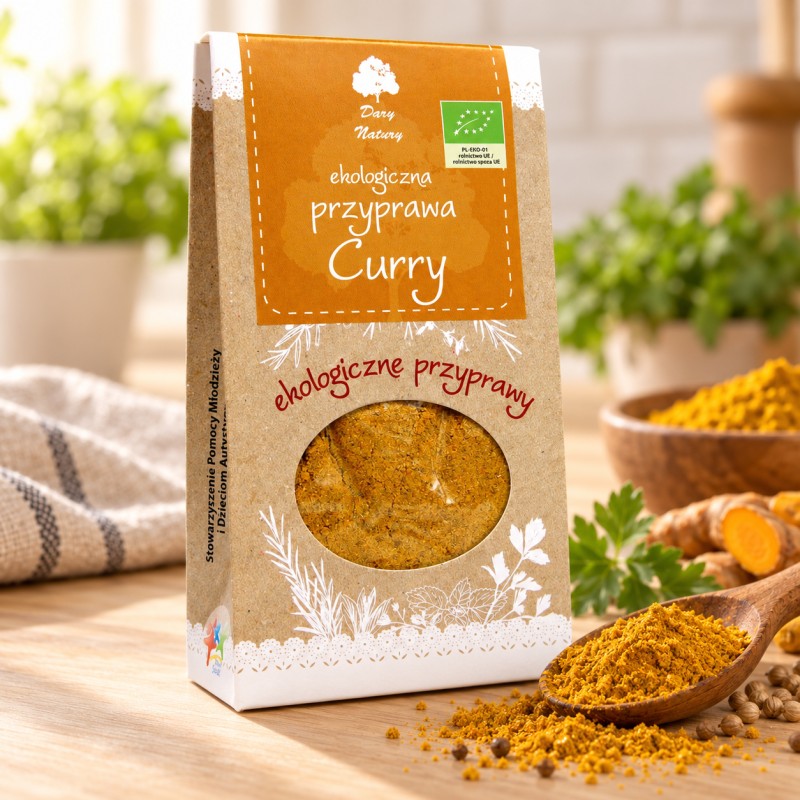 Curry EKO 60g Dary Natury - opakowanie i przyprawa na drewnianym blacie