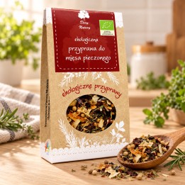 Przyprawa do mięsa pieczonego EKO 50g Dary Natury – opakowanie i przyprawa na drewnianym blacie