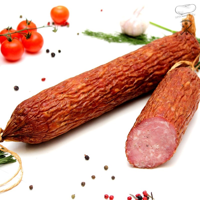 Kiełbasa żywiecka sucha, tradycyjna podsuszana wędlina wieprzowa, intensywnie aromatyczna, doskonała na kanapki i przekąski.