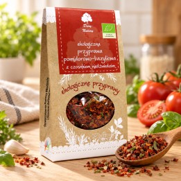 Przyprawa pomidorowo-bazyliowa z czosnkiem niedźwiedzim EKO 40g Dary Natury – opakowanie i przyprawa na drewnianym blacie