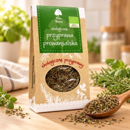 Przyprawa prowansalska EKO 20g Dary Natury – opakowanie i przyprawa na drewnianym blacie