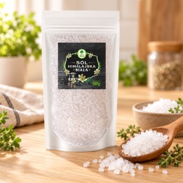 Sól himalajska biała - uzupełniacz EKO 380g Dary Natury – opakowanie i przyprawa na drewnianym blacie