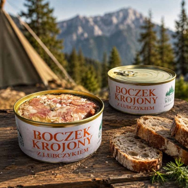 Boczek krojony z lubczykiem 300 g konserwa | Super-Stek.pl