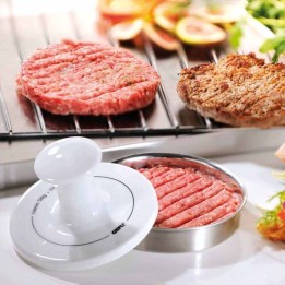 Prasa do burgerów GEFU SPARK, porcelanowy docisk, stal nierdzewna, formuje kotlety 120–180 g, prążkowany wzór, trwała, zmywarka.
