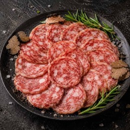 Salami z truflami BIO 70 g Primavera — dojrzewające salami wieprzowe w plastrach, opakowanie produktu