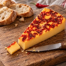 Ser holenderski Affiné Explosion z chili na drewnianej desce, z odkrojonym plasterkiem i pieczywem w tle