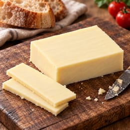 Ser Cheddar Mild White Irish Farmers na drewnianej desce, z odkrojonymi plasterkami i pieczywem w tle