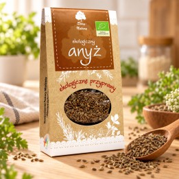 Anyż ekologiczny Dary Natury 30 g – opakowanie i nasiona anyżu na drewnianej łyżce