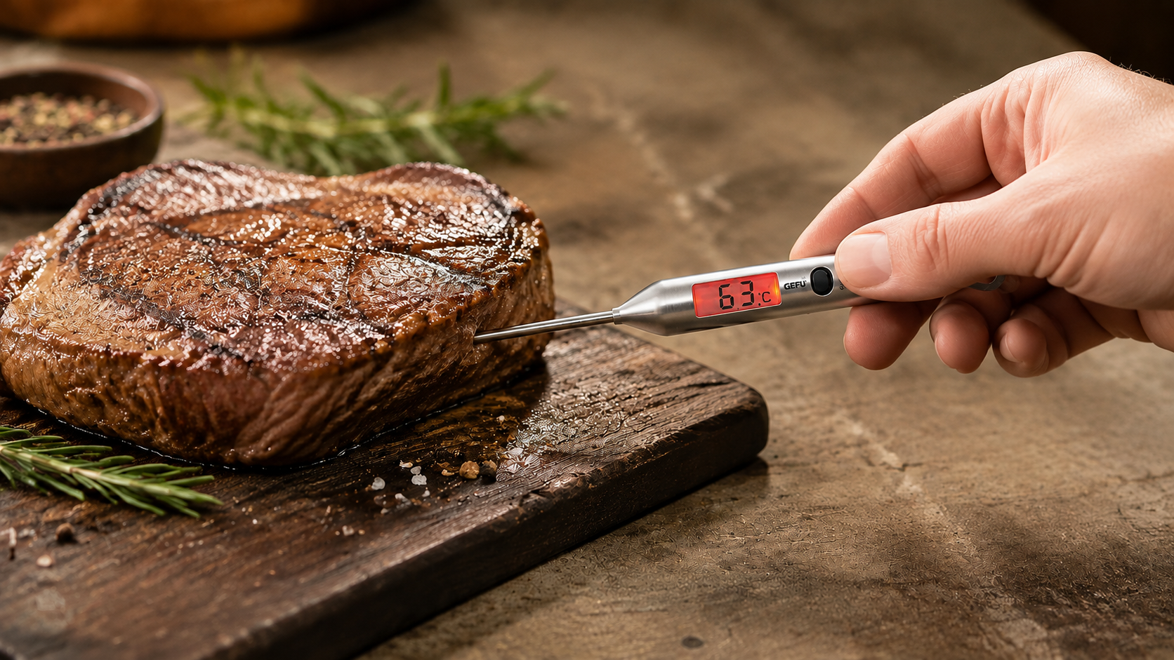 Pomiar temperatury steka termometrem do mięsa GEFU BBQ