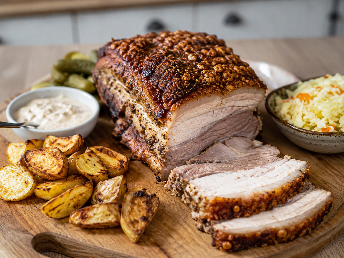 Pieczony boczek z chrupiącą skórką, ziemniakami i surówką