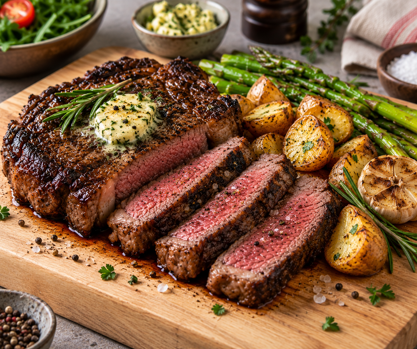 Stek Rib Eye medium rare z masłem, ziemniakami i szparagami
