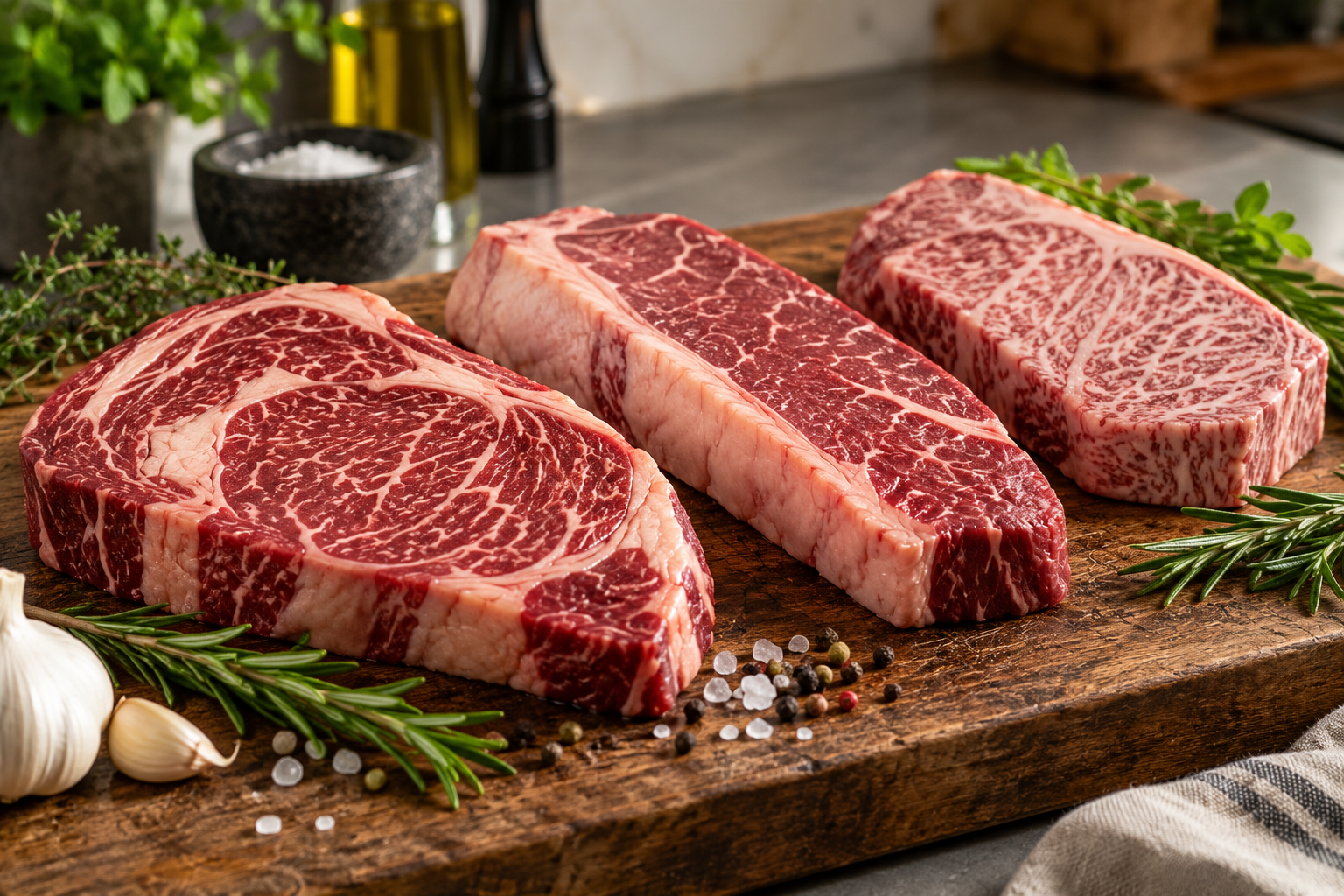 Wołowina premium na steki – antrykot, rostbef i Wagyu na drewnianej desce